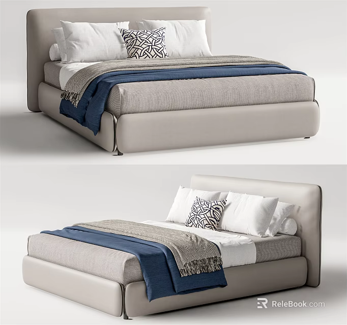 Modern Upholstered Double Bed Design With Soft Headboard And Decorative Pillows 3d model
