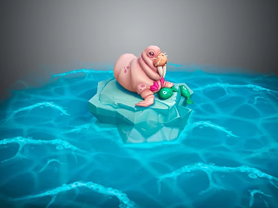 Cute Pink Walrus Resting On Floating Iceberg With Green Object In Blue Water 3d model
