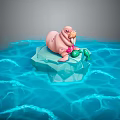 Cute Pink Walrus Resting On Floating Iceberg With Green Object In Blue Water