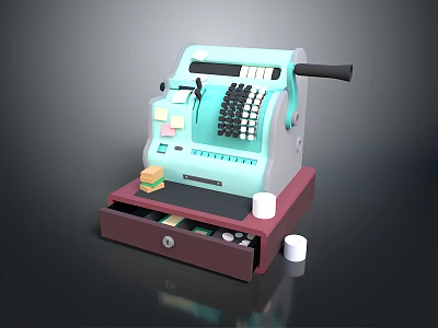 Vintage Light Blue Green Cash Register With Wooden Drawer Coins Bills And White Cups 3d model