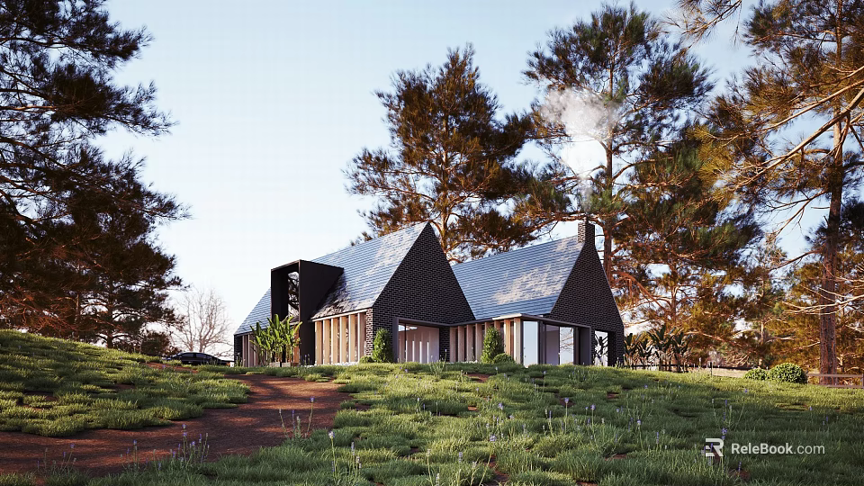 Modern Detached Villa With Metal Roof Wooden Walls And Surrounding Trees 3d model 