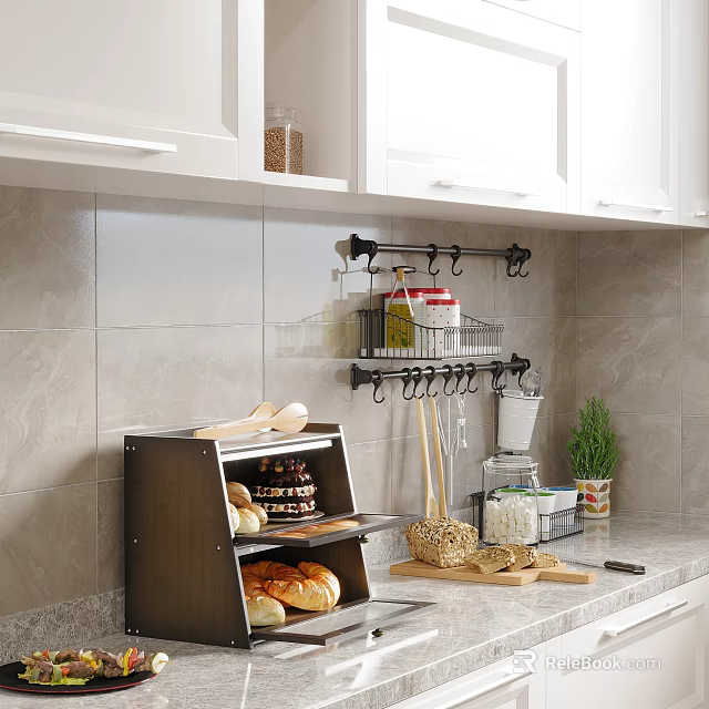 Kitchen Sideboard With Bread Storage Spices Hanging Utensils And White Cabinets 3d model