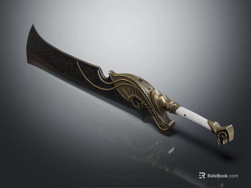 Ornate Decorative Sword With Carved Blade Golden Hilt And White Handle 3d model 