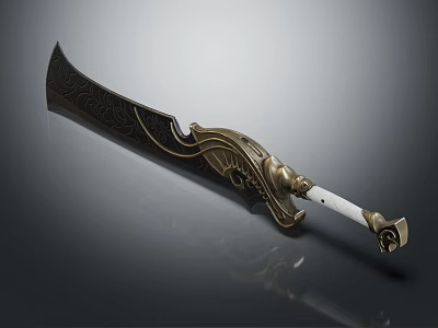 Ornate Decorative Sword With Carved Blade Golden Hilt And White Handle 3d model