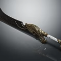 Ornate Decorative Sword With Carved Blade Golden Hilt And White Handle