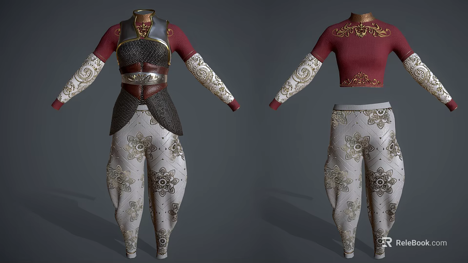 Detailed Character Outfit With Metallic Armor Red Top And White Embroidered Pants 3d model 