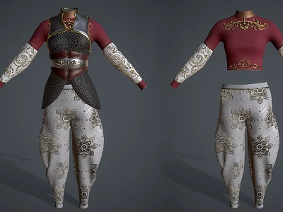 Detailed Character Outfit With Metallic Armor Red Top And White Embroidered Pants 3d model