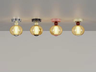 Four Colorful Spherical Ceiling Lights with Yellow Pink Beige Lampshades and Metal Bases 3d model