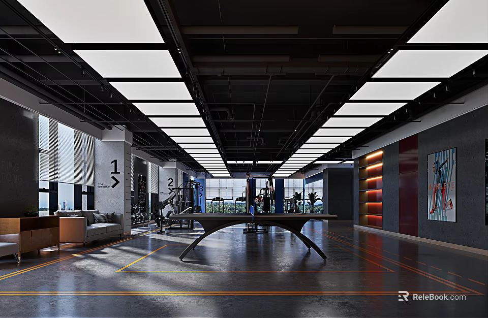 Modern Fitness Gym Interior With Spacious Workout Area Exercise Equipment Rest Zone And Ceiling Lights 3d model 
