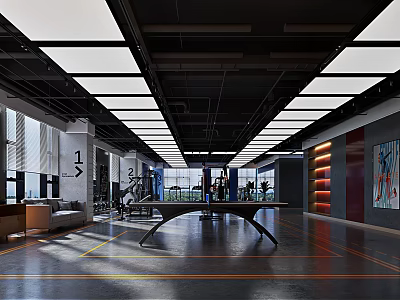 Modern Fitness Gym Interior With Spacious Workout Area Exercise Equipment Rest Zone And Ceiling Lights 3d model