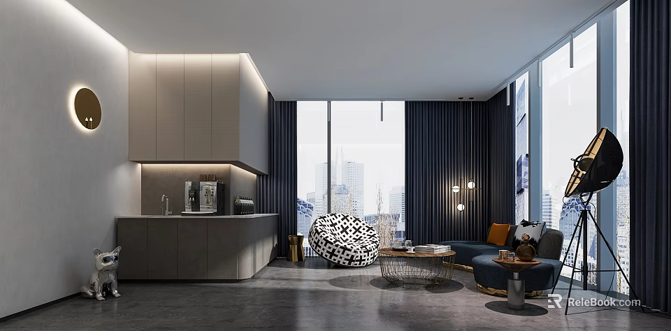 Modern Break Room With Large Windows City View Gray Cabinets Bar Counter And Lounge Sofa 3d model 