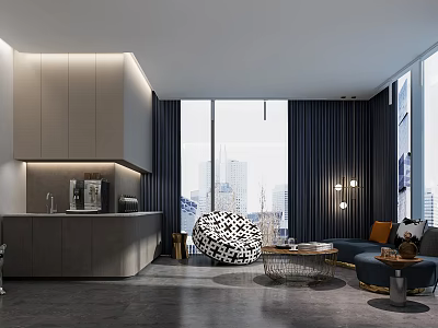 Modern Break Room With Large Windows City View Gray Cabinets Bar Counter And Lounge Sofa 3d model