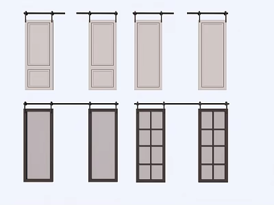 Various Light And Dark Colored Barn Doors With Paneled And Grid Glass Designs 3d model