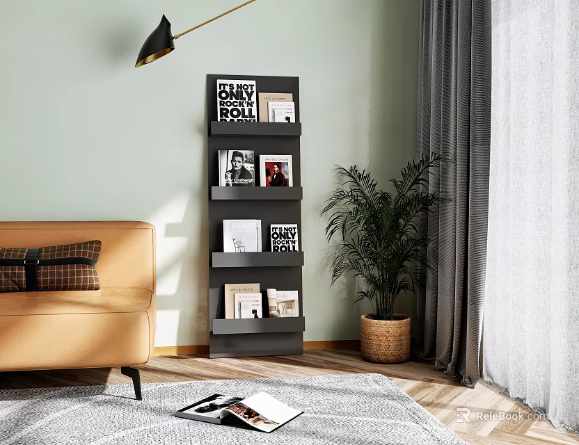 Modern Storage Shelf in Living Room with Books Decorative Items Green Plant and Sofa 3d model 