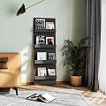 Modern Storage Shelf in Living Room with Books Decorative Items Green Plant and Sofa