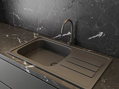 Modern Kitchen Faucet On Black Marble Countertop With Black Sink And Backsplash 3d model