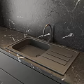 Modern Kitchen Faucet On Black Marble Countertop With Black Sink And Backsplash