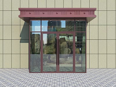 Modern Building Entrance With Red Frame Glass Door And Light Colored Wall 3d model
