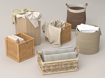 Woven Storage Baskets in Various Sizes and Shapes with Linen Cloths and Towels 3d model