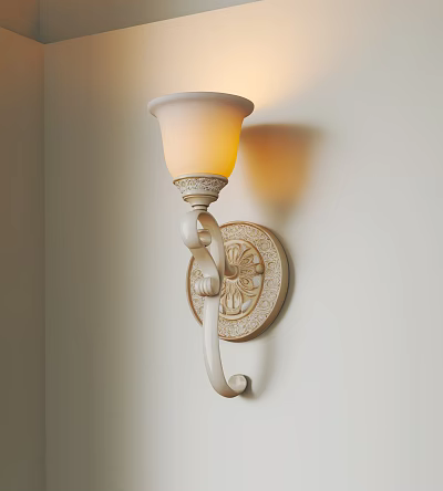 Classic White Frosted Shade Wall Sconce With Ornate Carved Base And Warm Yellow Light 3d model