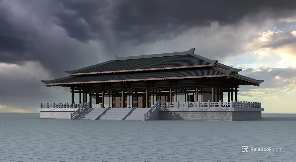 Ancient Chinese Architecture With Traditional Roof Overhanging Eaves And Stone Steps 3d model 