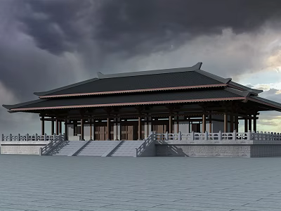 Ancient Chinese Architecture With Traditional Roof Overhanging Eaves And Stone Steps 3d model