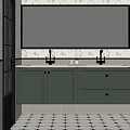 Green Bathroom Vanity With Double Faucets And Gold Framed Mirror Floral Wallpaper Checkered Tiles
