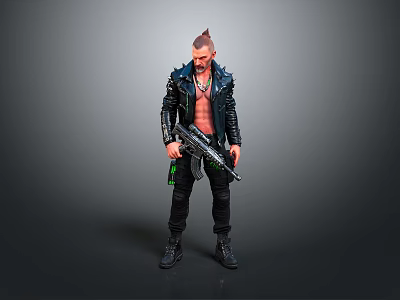 Cyberpunk Character With Mohawk Hairstyle Shirtless Black Leather Jacket Holding Rifle 3d model