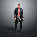 Cyberpunk Character With Mohawk Hairstyle Shirtless Black Leather Jacket Holding Rifle