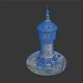 Detailed Architectural Tower Model With Blue Roof And Yellow Decorative Walls