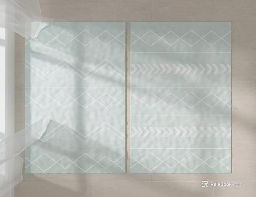 Light Green Square Rugs with Geometric Diamond Arrow Patterns in Sunlit Room Interior 3d model