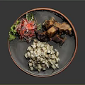 Grilled Meat With White Rice Fresh Greens Red Pickled Onions And Herbs