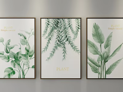 Three Decorative Plant Paintings With Various Green Leaves In Black Frames Simple Series 3d model