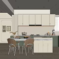 Modern Open Kitchen With Island White Countertop Green Cabinets Beige Walls And Chairs