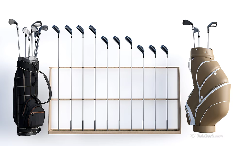 Golf Course Display Of Golf Clubs On Wooden Rack With Golf Bags 3d model 