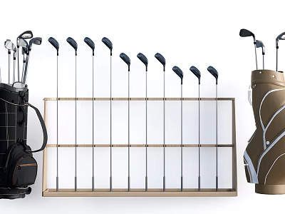 Golf Course Display Of Golf Clubs On Wooden Rack With Golf Bags 3d model