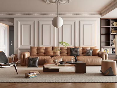Elegant Living Room Interior With Brown Leather Sofa White Paneled Walls And Decorative Elements 3d model
