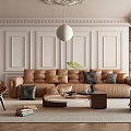 Elegant Living Room Interior With Brown Leather Sofa White Paneled Walls And Decorative Elements