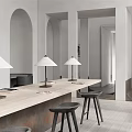 Modern Public Office Space With Wooden Table Black Chairs Arched Doorways And Desk Lamp