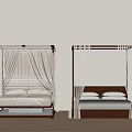 Four Poster Double Bed with Wooden Frame Beige Curtains White Mattress on Wooden Floor