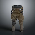 Brown Utility Pants With Black Belt Buckles And Knee Pads Design