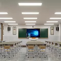 School Classroom Interior With Decorated Blackboard Rows Of Desks And Bright Lighting