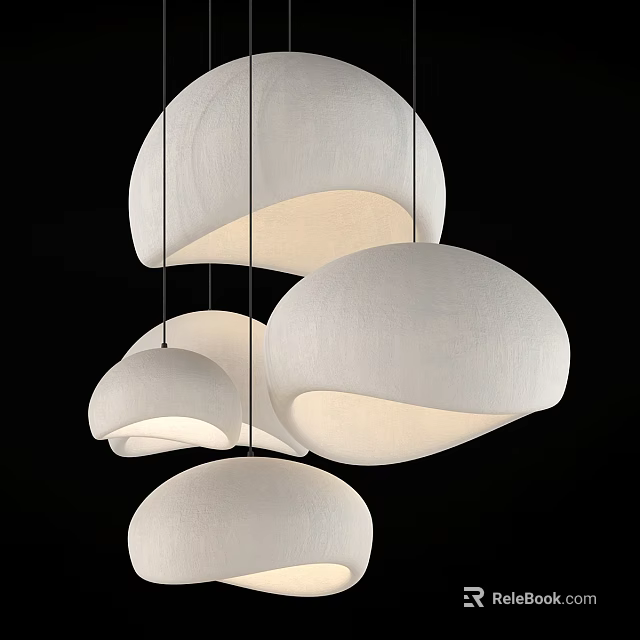 Modern Chandelier With White Fabric Cloud Like Hemispherical Shades And Soft Illumination 3d model 