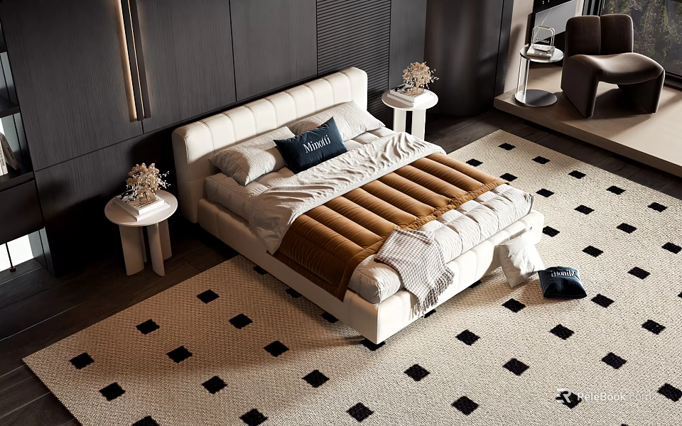 Modern Double Bed Upholstered Headboard Gray Comforter Brown Blanket Navy Pillow Black Square Pattern Rug 3d model 