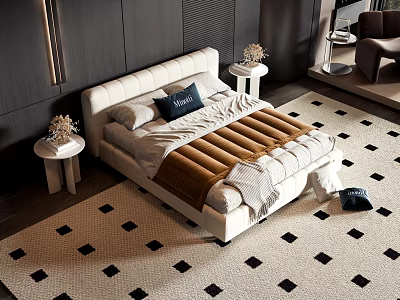 Modern Double Bed Upholstered Headboard Gray Comforter Brown Blanket Navy Pillow Black Square Pattern Rug 3d model