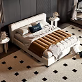 Modern Double Bed Upholstered Headboard Gray Comforter Brown Blanket Navy Pillow Black Square Pattern Rug