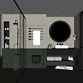 Modern Bathroom Interior Design With Glass Shower Round Mirror Dark Tiles And Wall Mounted Vanity