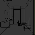 Sleek Dark Concrete Bathroom Interior Featuring Floating Sink And Cute Dog By Frosted Glass Door