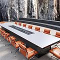 Modern Conference Room Interior Design With Large Light Gray Table And Orange Leather Chairs