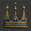 Golden Crown Sculpture with Intricate Carving Decorated with Blue Gemstones and Elegant Design